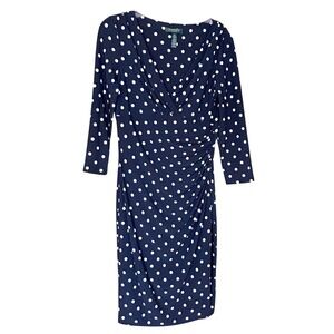 Lauren Ralph Lauren Navy Polka Dot Dress Size 10 Faux Wrap Classic Preppy